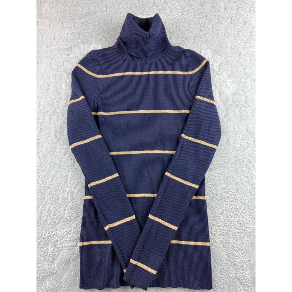 Lauren Ralph Lauren Womens Navy Blue Gold Turtleneck Sweater Ribbed Long Sleeve